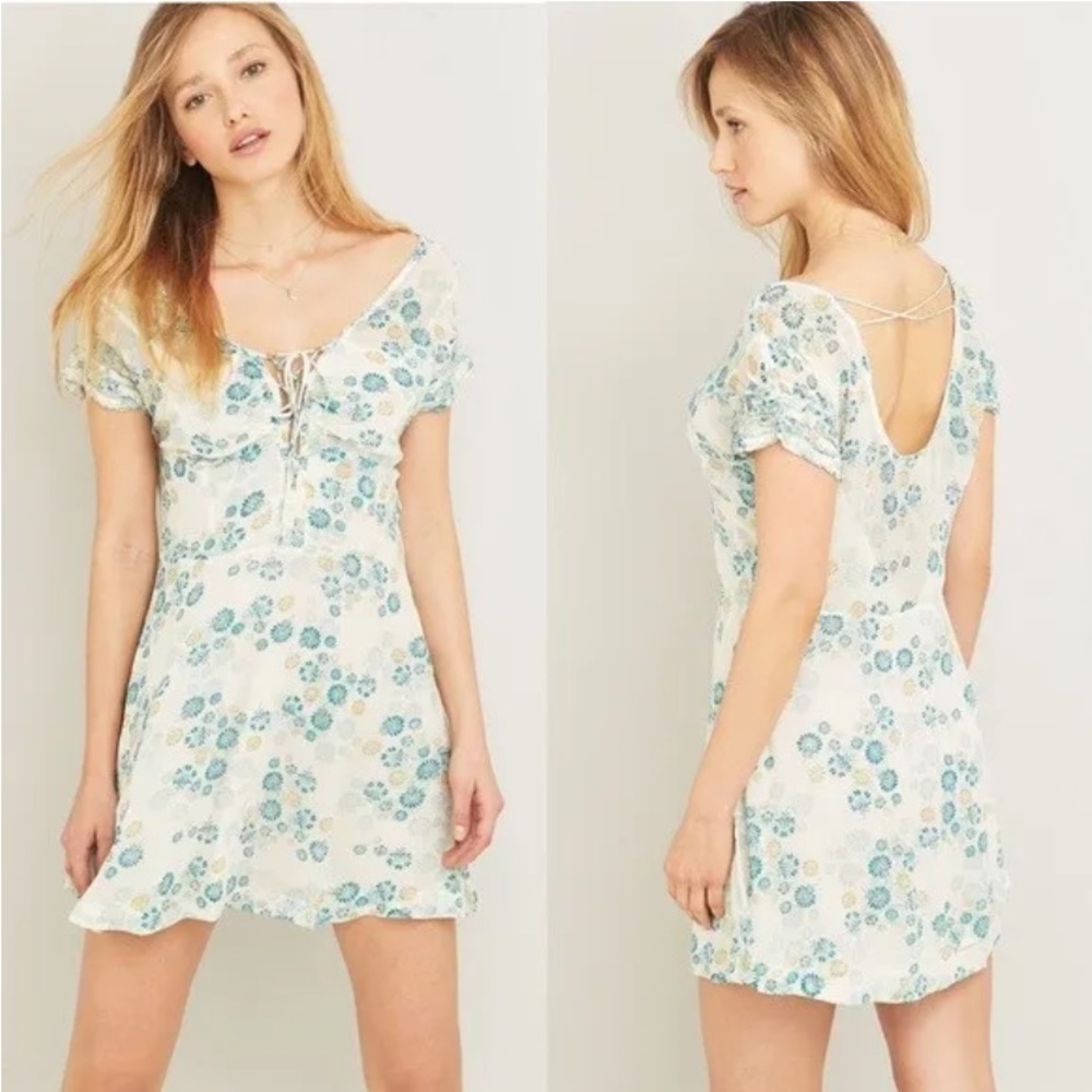 Free People Abstract Starburst Print Gauzy Ruffle Cap Sleeve Mini Dress